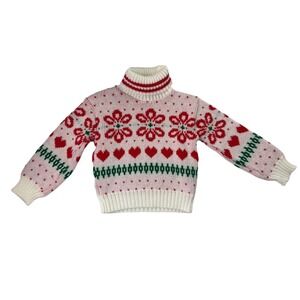 Vintage Babyfair Kids Red White Fair Isle Heart Flower Turtleneck Sweater 24M